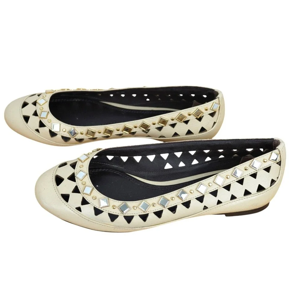 Tory Burch Flats Women Size 5 Cream Leather Studded Laser Cut Out Mirror Work